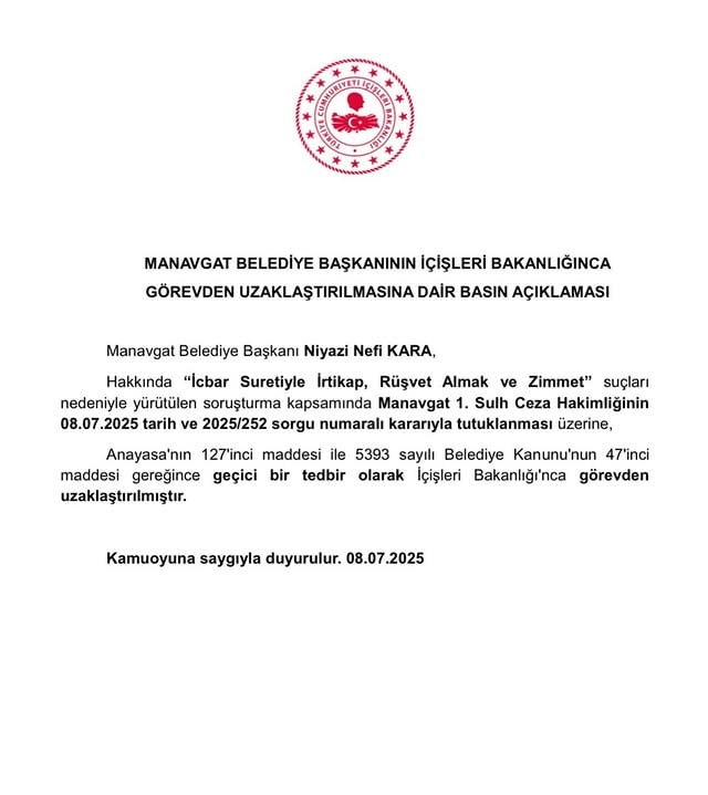 Manavgat Belediye Başkanı Görevden Alındı: İçişleri Bakanlığı Kararı