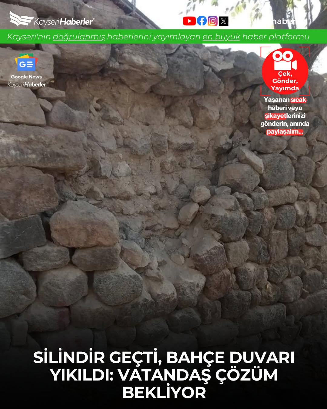 Kayseri'de Belediye Çalışmasında Yıkılan Bahçe Duvarı Tehlike Saçıyor