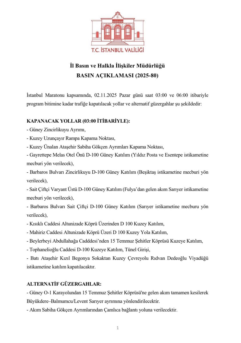 İstanbul Maratonu İçin Bugün Yollar Trafiğe Kapatıldı: Alternatif Güzergahlar Açıklandı