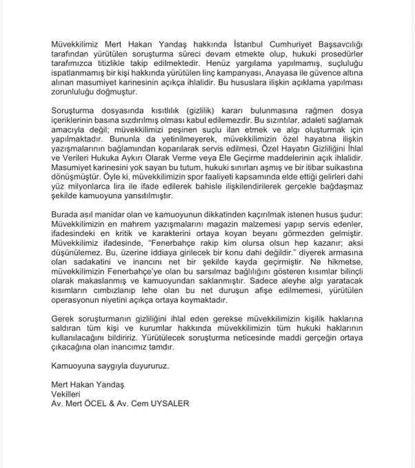 Mert Hakan Yandaş'ın Avukatlarından Resmi Açıklama