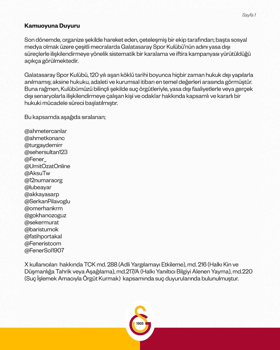 Galatasaray, Sosyal Medyada Kulübü Hedef Alan Hesaplar Hakkında Suç Duyurusunda Bulundu