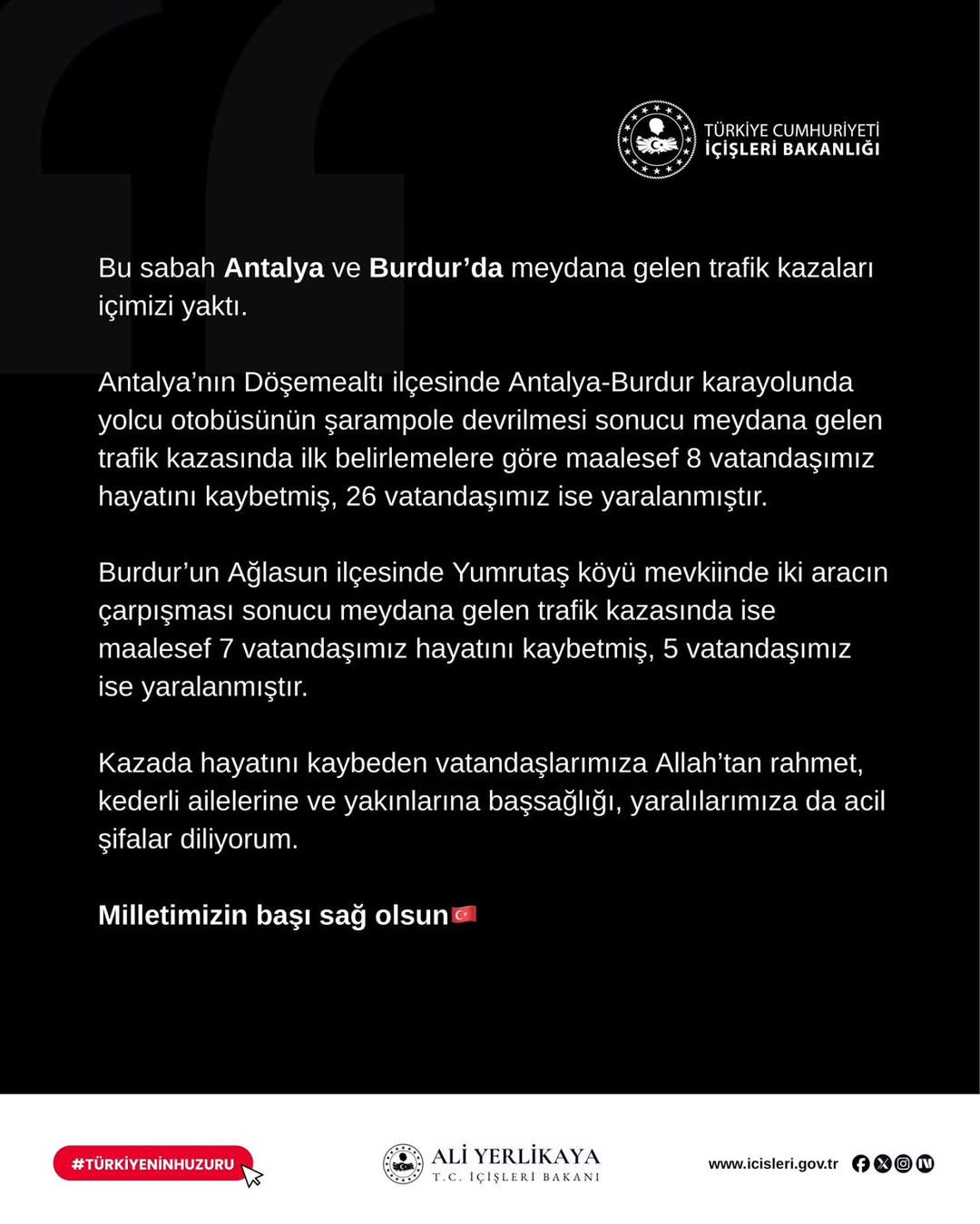 Antalya ve Burdur'da Yaşanan Trafik Kazalarında 15 Kişi Hayatını Kaybetti