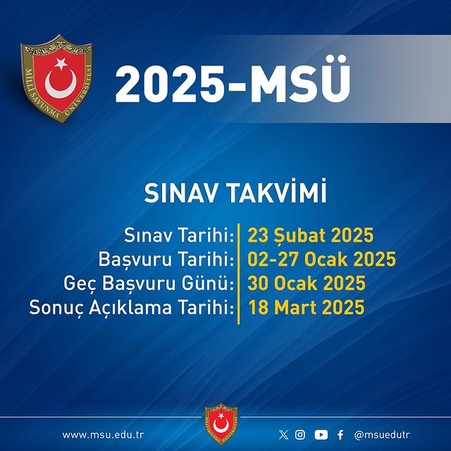 Milli Savunma Üniversitesi, 2025-MSÜ Sınav Takvimini Açıkladı