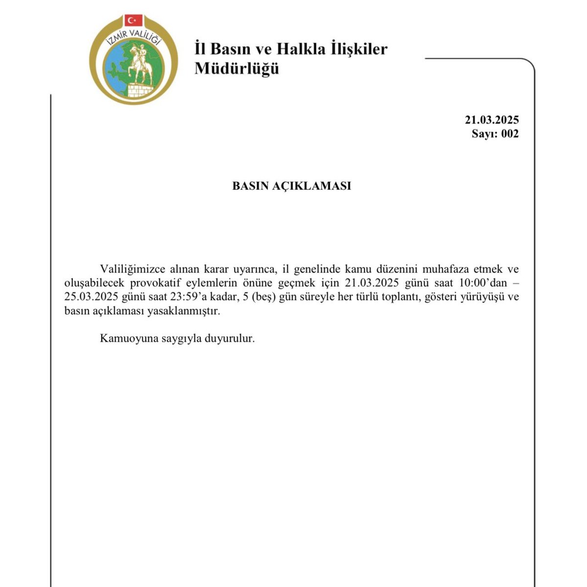İzmir'de 21-25 Mart Tarihleri Arasında Toplantı, Yürüyüş ve Basın Açıklamaları Yasaklandı