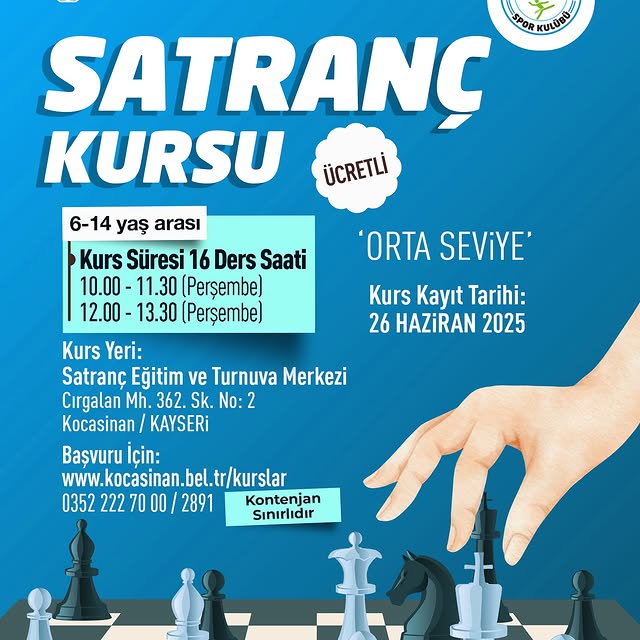 Kocasinan Belediyesi'nden 6-14 Yaş Arası Çocuklara Satranç Kursu