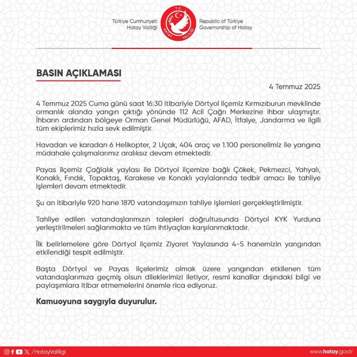 Hatay'da Yangın Sebebiyle 920 Hane Boşaltıldı, Vatandaşlar KYK Yurtlarına Yerleştirildi