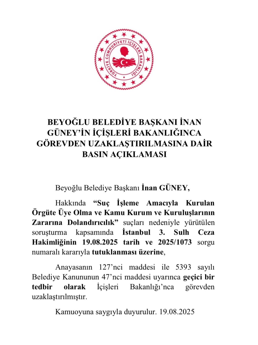Beyoğlu Belediye Başkanı İnan Güney, İçişleri Bakanlığı'nca Görevden Uzaklaştırıldı