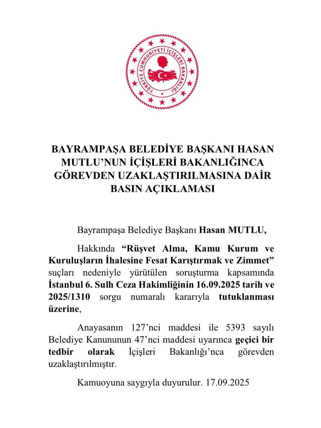 Bayrampaşa Belediye Başkanı Hasan Mutlu Görevden Uzaklaştırıldı