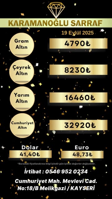 19 Eylül 2025 Kayseri Altın ve Döviz Piyasası Güncel Durumu