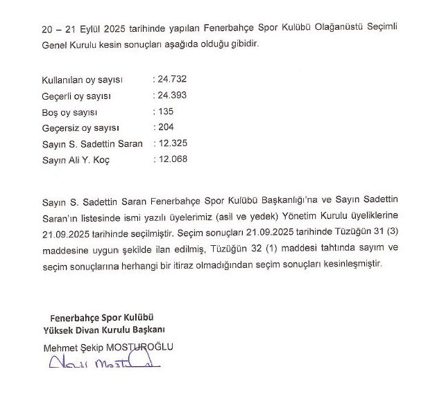 Fenerbahçe Seçim Sonuçları Resmileşti: Yeni Başkan ve Yönetim Belli Oldu