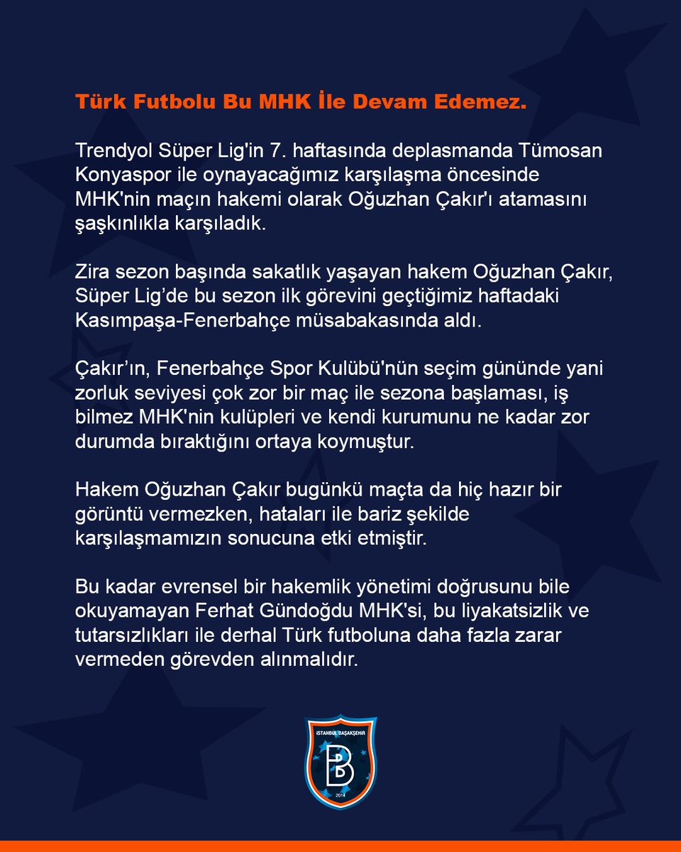 Başakşehir'den MHK'ya Sert Tepki: Türk Futbolu Bu Şekilde Devam Edemez