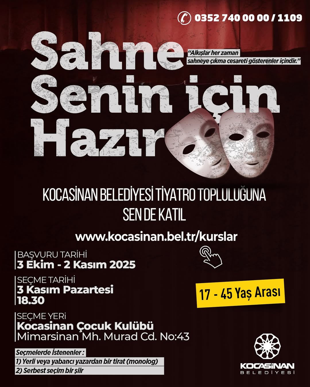 Kocasinan Belediyesi Tiyatro Topluluğu'nda Yetişkinlere Yönelik Oyuncu Seçmeleri Başlıyor
