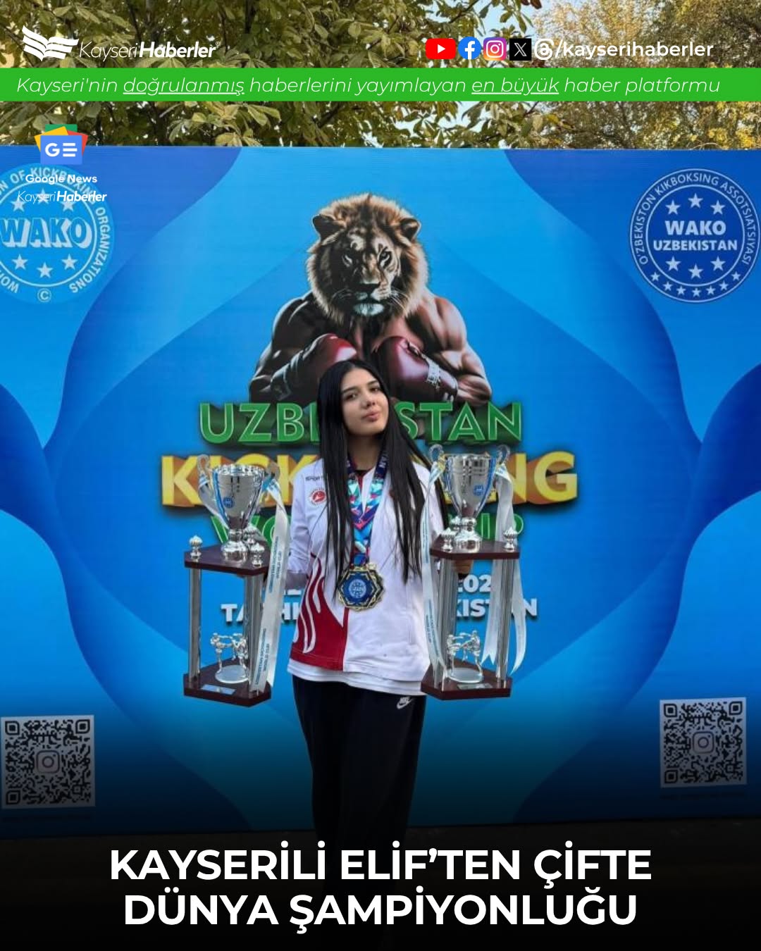 Kayserili Milli Sporcu Elif Ceren Uzunçakmak, Kick Boksta Çifte Dünya Şampiyonu Oldu