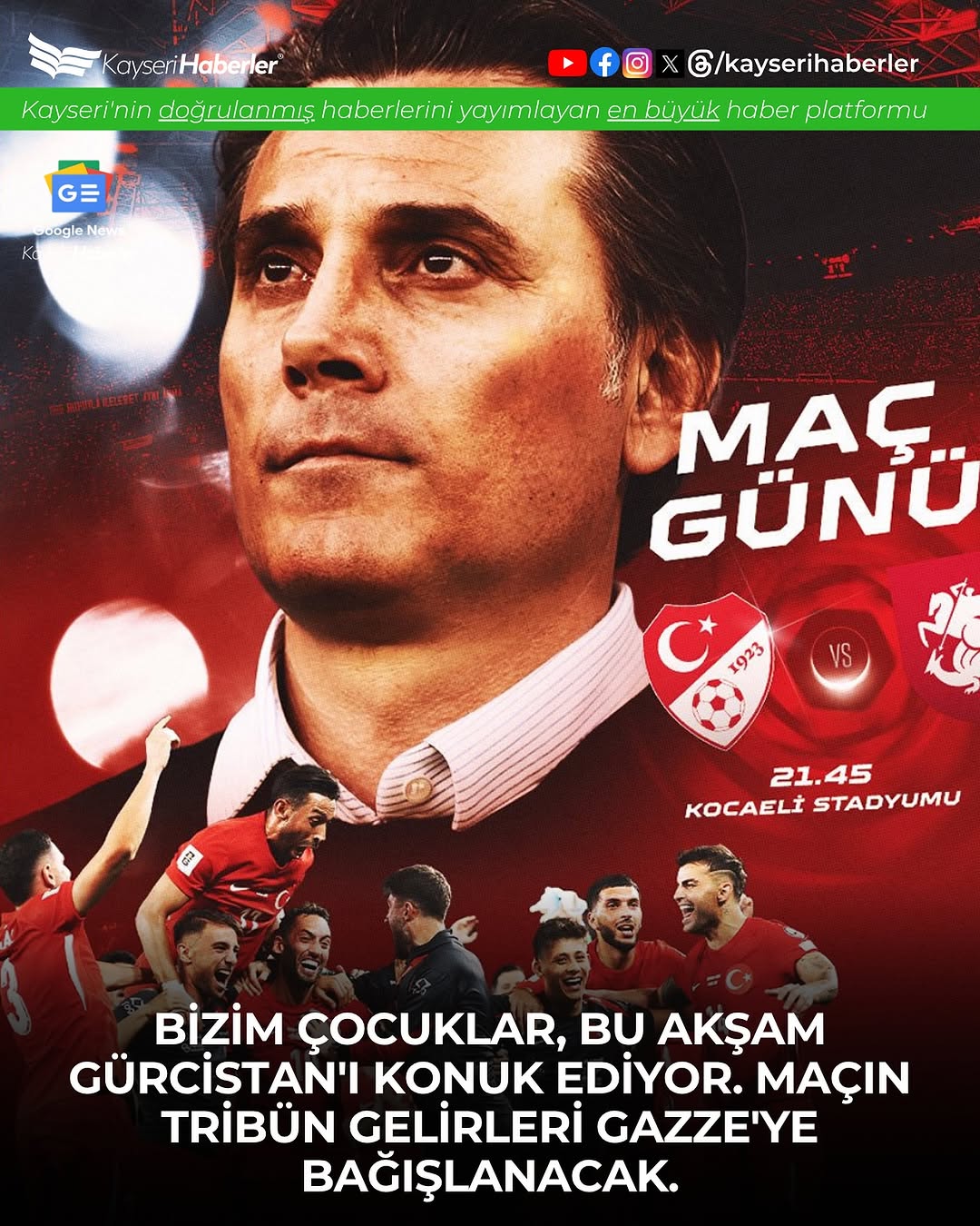 A Milli Takım'ın Gürcistan Maçının Tribün Gelirleri Gazze'ye Bağışlanacak